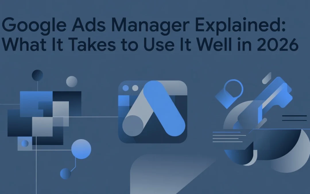 Professional header image for educational tutorial: Google Ads Manager Explained: What It Takes to Use It Wel...